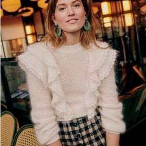 Sezane White Ruffle Knit Sweater